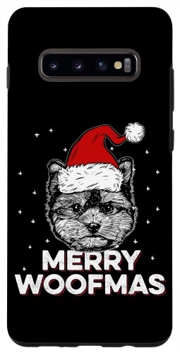 Galaxy S10+ Yorkie クリスマスサンタ帽子を着ている | Merry Woofmas スマホケース