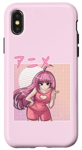 iPhone X/XS アニメガール レトロ 日本風 ヴェイパーウェーブ エステティックピンク スマホケース