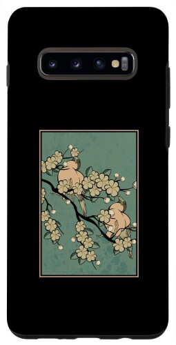 Galaxy S10+ Bird Cherry Blossoming Tree Japanese Sakura Retro Art Lover スマホケース