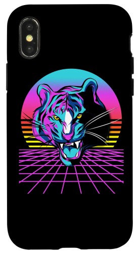 iPhone X/XS Tiger Face Vaporwave 美的レトロサンセットサイバーグリッド スマホケース