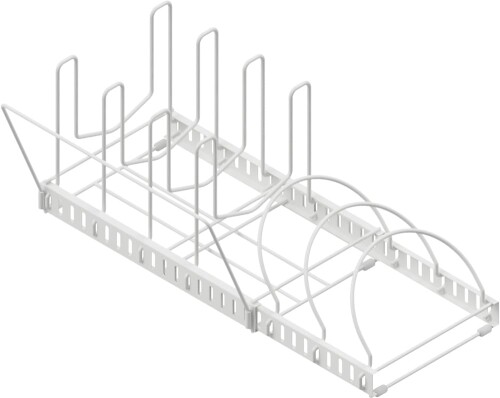 アネスティ 伸縮式フライパンラック ホワイト 約幅31.5～57cm×奥行19×高さ18cm (サイドアーム取付時奥行25cm) hack. パッと取れる キッチン 収納ラック H02193