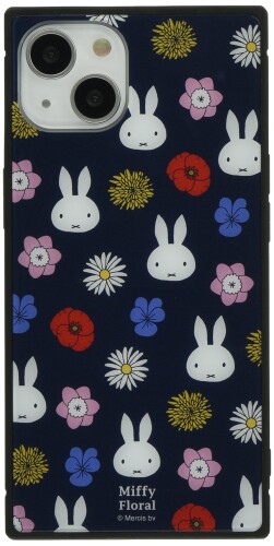 グルマンディーズ ミッフィー Miffy Floral iPhone13(6.1インチ)対応 スクエアガラスケース ネイビー MF-275NV